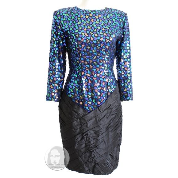 Vicky Tiel Couture Dress Cocktail Embellished Sequins Silk Taffeta Vintage 90s - Picture 1 of 11